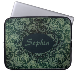 Housse Pour Ordinateur Portable Élégant vert vintage damassé motif floral