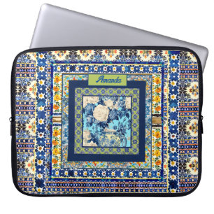Housse Pour Ordinateur Portable Élégante chine à carreaux bleu floral note monogra