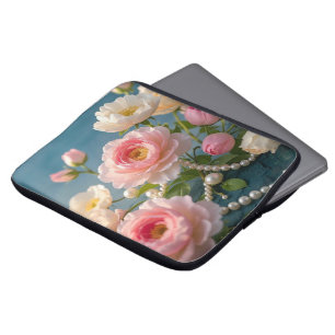 Housse Pour Ordinateur Portable Élégantes fleurs blanches rose pâle avec perles