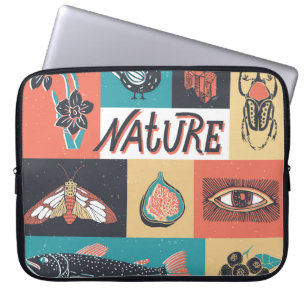 Housse Pour Ordinateur Portable Éléments de la nature, Icônes de style rétro.