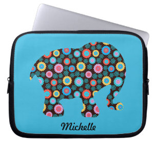 Housse Pour Ordinateur Portable Eléphant Motif Fleur sur Bleu Personnalisé