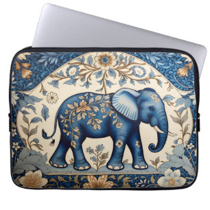 Housse Pour Ordinateur Portable Éléphant Orné Bleu Floral Vintage