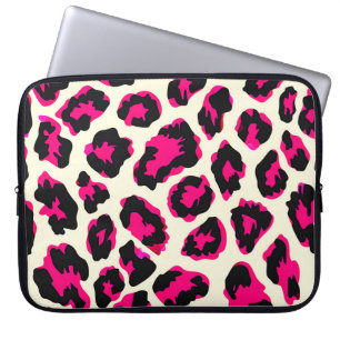 Housse Pour Ordinateur Portable Empreinte de léopard animal rose et noir