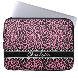 Housse Pour Ordinateur Portable Empreinte de léopard rose et dentelle tendance