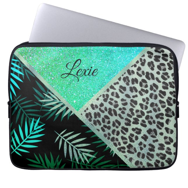 Housse Pour Ordinateur Portable Empreinte de léopard Tropical Turquoise (Devant)