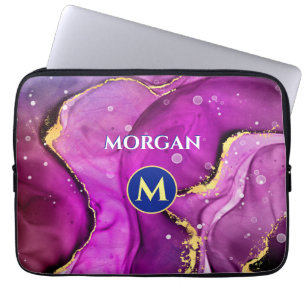 Housse Pour Ordinateur Portable Encre liquide rouge violet et or, monogramme et no