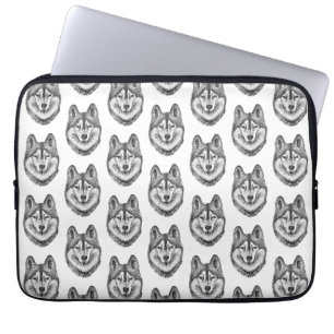 Housse Pour Ordinateur Portable Encre noire et blanche et aquarelle Siberian Husky