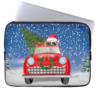 Housse Pour Ordinateur Portable English Bulldog Driving Car In Snow Christmas  
