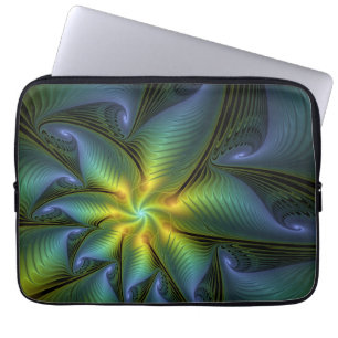 Housse Pour Ordinateur Portable Etoile Abstraite, Bleu brillant Vert Or Fractal Ar