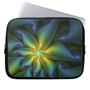 Housse Pour Ordinateur Portable Etoile Abstraite, Bleu brillant Vert Or Fractal Ar