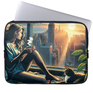 Housse Pour Ordinateur Portable Femme buvant du café au lever du soleil en ville