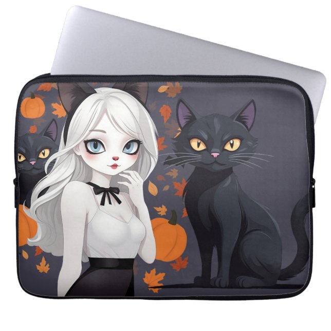 Housse Pour Ordinateur Portable Femme d'Anime avec chat noir. (Devant)