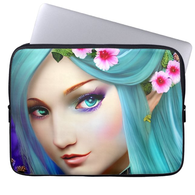 Housse Pour Ordinateur Portable Femme Éthérée Bleue avec des Fleurs (Devant)
