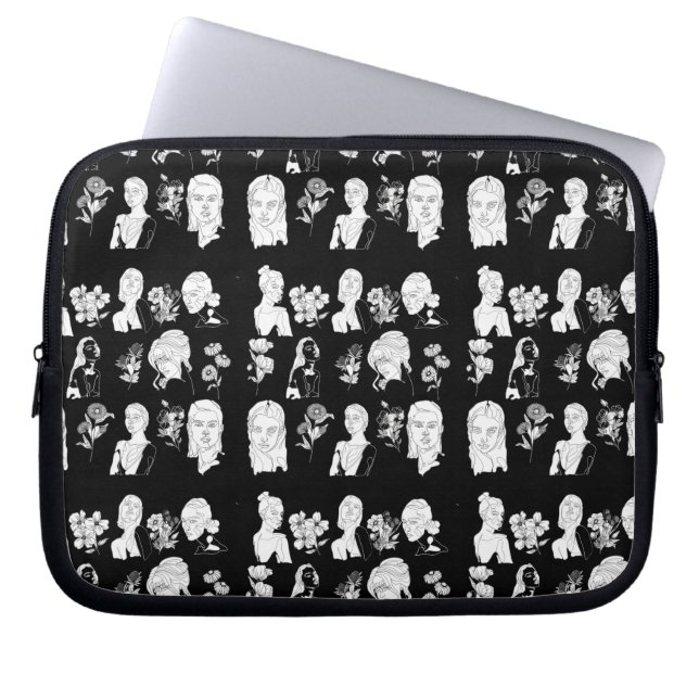HOUSSE POUR ORDINATEUR PORTABLE FEMMES ET FLEURS (B&W) SLEEVE (Devant)