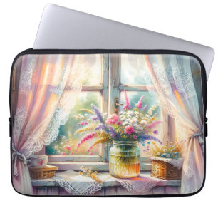 Housse Pour Ordinateur Portable Fenêtre de cottage ensoleillée avec fleurs sauvage