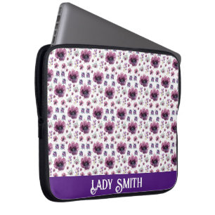 Housse Pour Ordinateur Portable feuillage floral chic, fleurs violettes en pleine