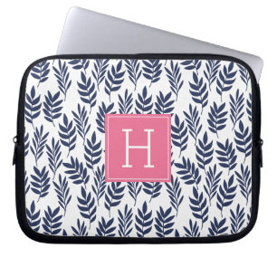 Housse Pour Ordinateur Portable Feuilles bleus et monogramme rose