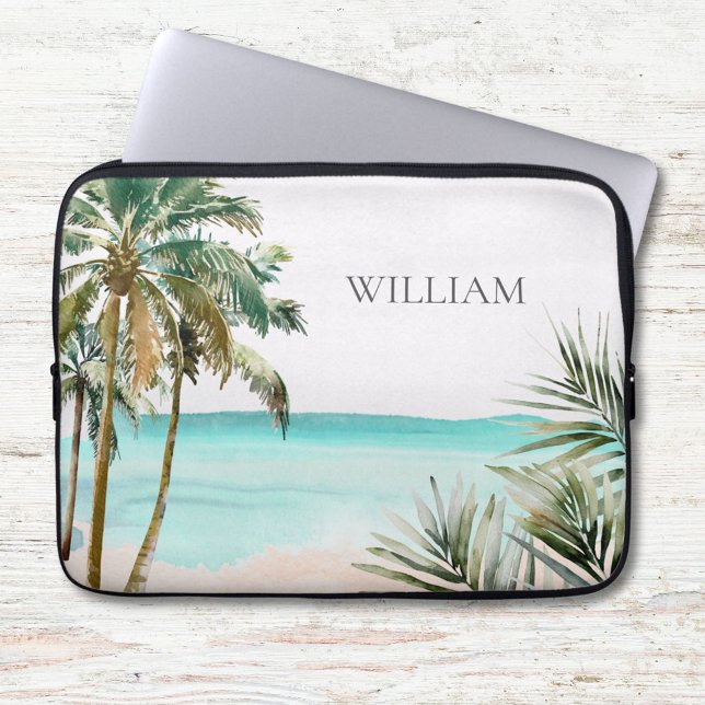 Housse Pour Ordinateur Portable Feuilles de palmier tropicales monogrammées Plage  (Close up)