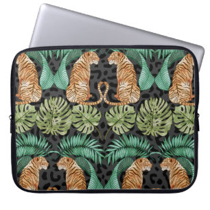 Housse Pour Ordinateur Portable Feuilles de tigres : Aquarelle Jungle sans joint.