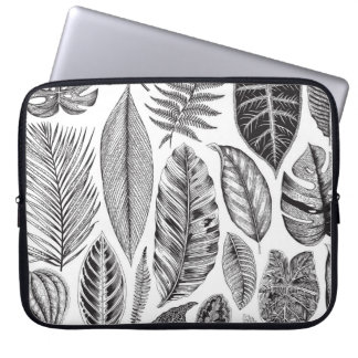 Housse Pour Ordinateur Portable Feuilles exotiques, vintage floral noir et blanc.
