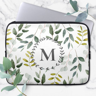 Housse Pour Ordinateur Portable Feuilles tropicales de eucalyptus vert monogrammé