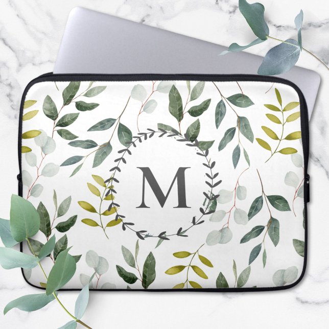Housse Pour Ordinateur Portable Feuilles tropicales de eucalyptus vert monogrammé (Créateur téléchargé)