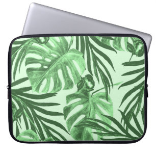 Housse Pour Ordinateur Portable Feuilles tropicaux et fleurs, motif aquarelle.
