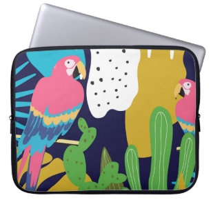 Housse Pour Ordinateur Portable Feuilles tropicaux, perroquets : arrière - plan d'