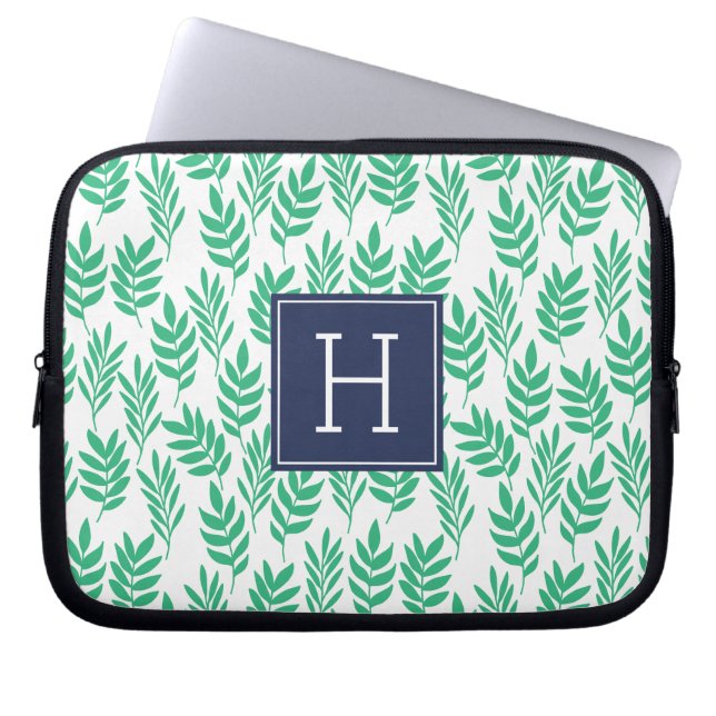 Housse Pour Ordinateur Portable Feuilles verts et Monogramme bleu (Devant)