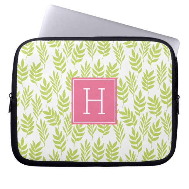 Housse Pour Ordinateur Portable Feuilles verts et monogramme rose (Devant)