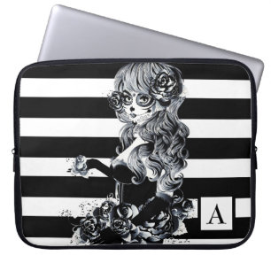 Housse Pour Ordinateur Portable Fille Crâne Sucre Jolie Rayée Noir & Blanc