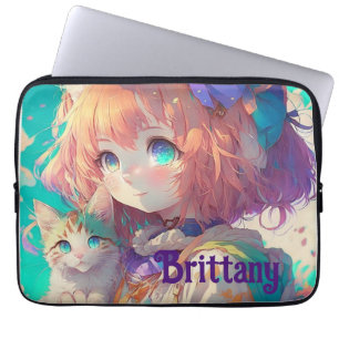 Housse Pour Ordinateur Portable Fille d'anime personnalisée et belle avec un chato