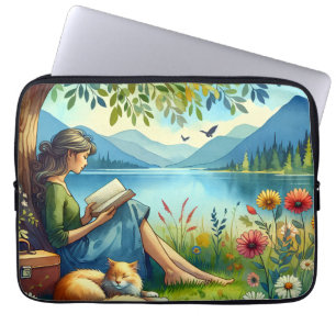 Housse Pour Ordinateur Portable Fille lisant un livre sous un arbre avec un chat e