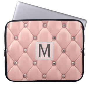 Housse Pour Ordinateur Portable Fille Rose Or Faux Cuir Diamants Monogramme