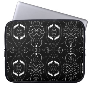 Housse Pour Ordinateur Portable Fines flourishes blanches élégantes sur fond noir