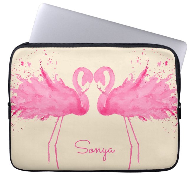 Housse Pour Ordinateur Portable Flamants roses mignons avec votre nom (Devant)