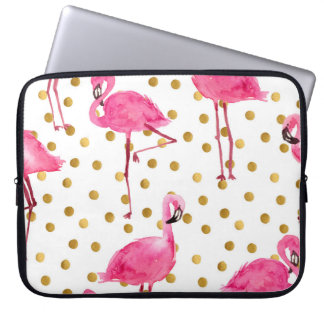 Housse Pour Ordinateur Portable Flamants roses, points dorés, aquarelle.
