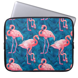 Housse Pour Ordinateur Portable Flamants sur feuilles de bananier bleues
