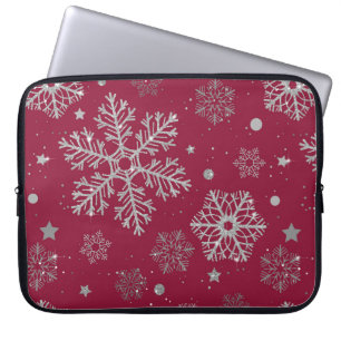 Housse Pour Ordinateur Portable Flammes de neige en argent sur rouge foncé