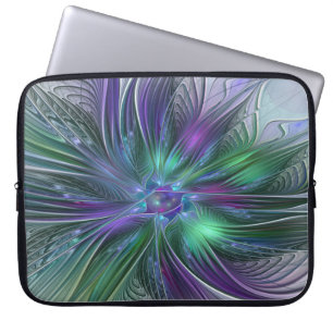Housse Pour Ordinateur Portable Fleur Abstraite Moderne Fractale Verte Violette