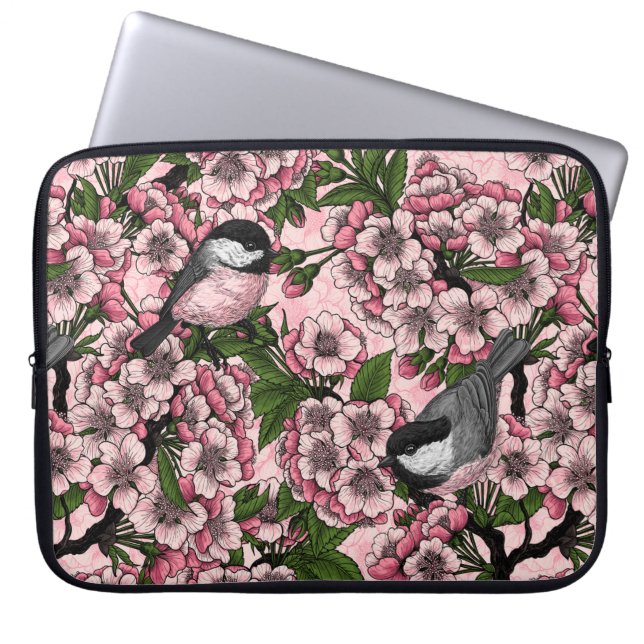Housse Pour Ordinateur Portable Fleur de cerisiers et poulets roses (Devant)