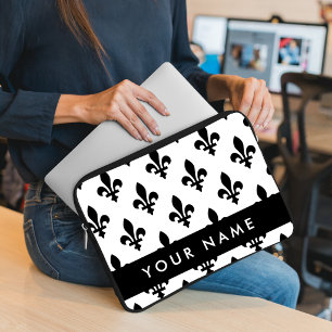 Housse Pour Ordinateur Portable Fleur de Lis, Noir sur Blanc, Noir, Votre Nom