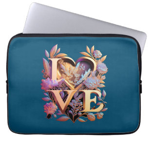 Housse Pour Ordinateur Portable Fleur Élégante, Cœur et Amour Doré