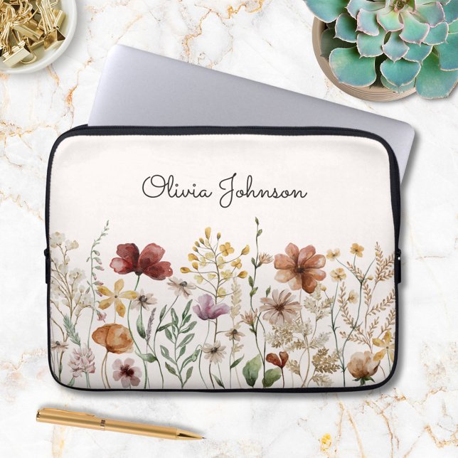 Housse Pour Ordinateur Portable Fleur Florale Jolie Aquarelle Personnalisée (In situ)