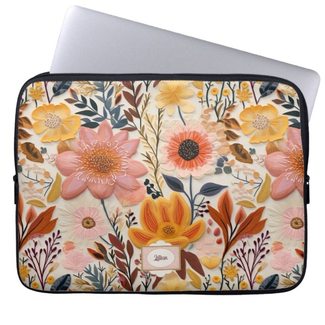 Housse Pour Ordinateur Portable Fleur sauvage Beau Monogramme orange et rose (Devant)
