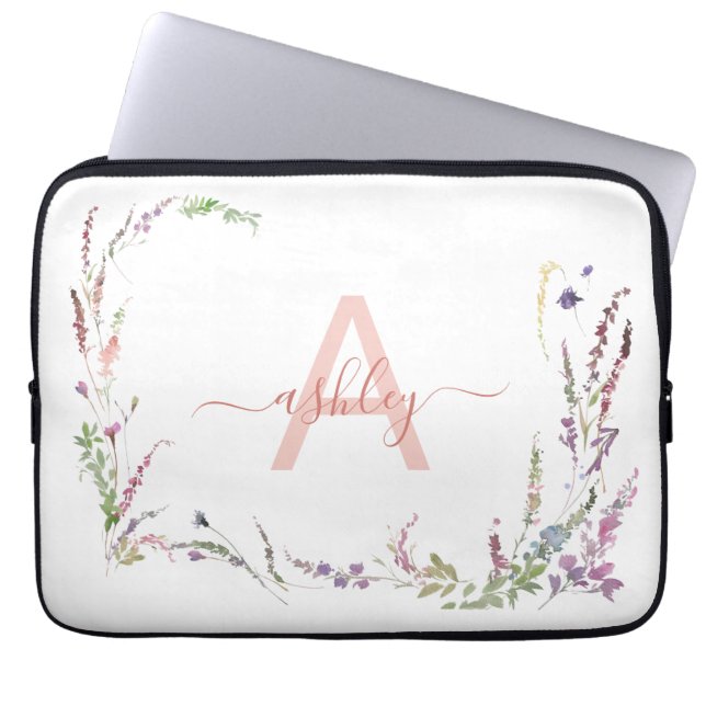 Housse Pour Ordinateur Portable Fleur sauvage d'aquarelle moderne Monogramme initi (Devant)