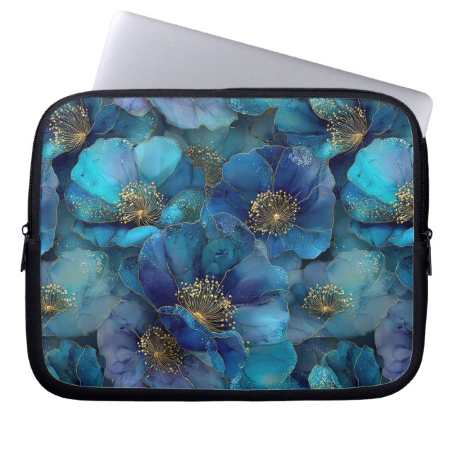 Housse Pour Ordinateur Portable Fleurs aquarelles abstraites bleu or  (Devant)