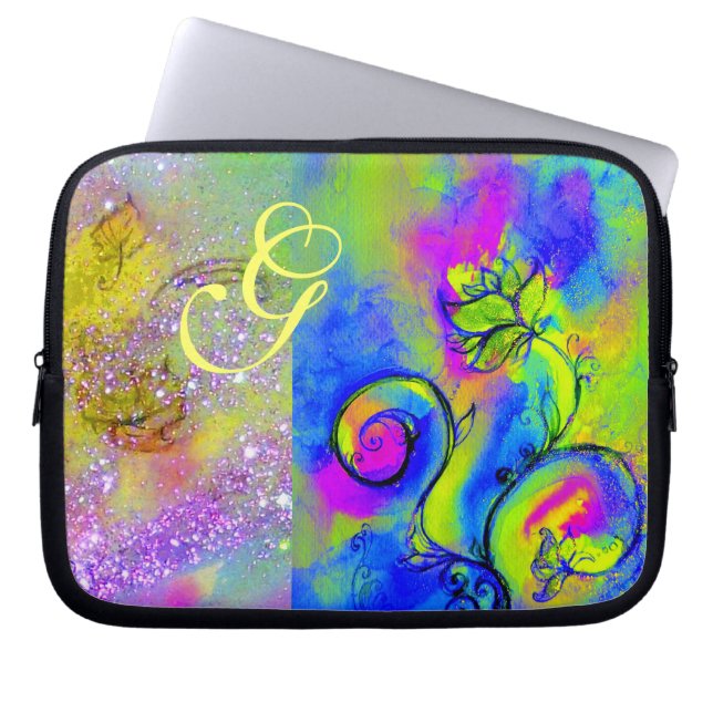 Housse Pour Ordinateur Portable FLEURS BLANCHES vert fuchsia jaune, bleu (Devant)