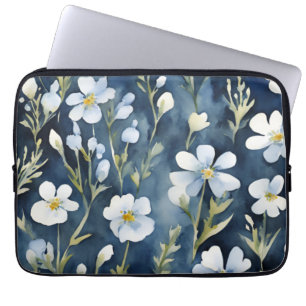 Housse Pour Ordinateur Portable Fleurs Bleues Blancs Aquarelle Chic