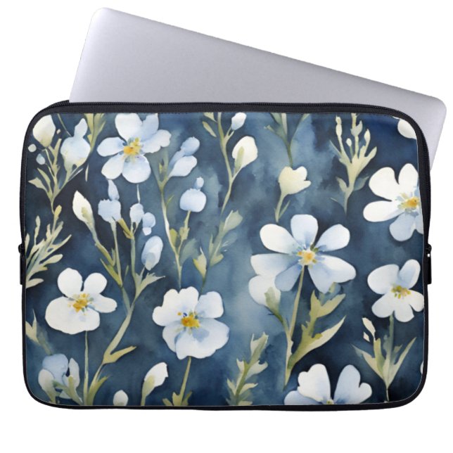 Housse Pour Ordinateur Portable Fleurs Bleues Blancs Aquarelle Chic (Devant)